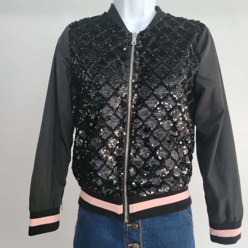 Urban Republic Girls Black Half Sequin Bomber Jacket Size L (14)